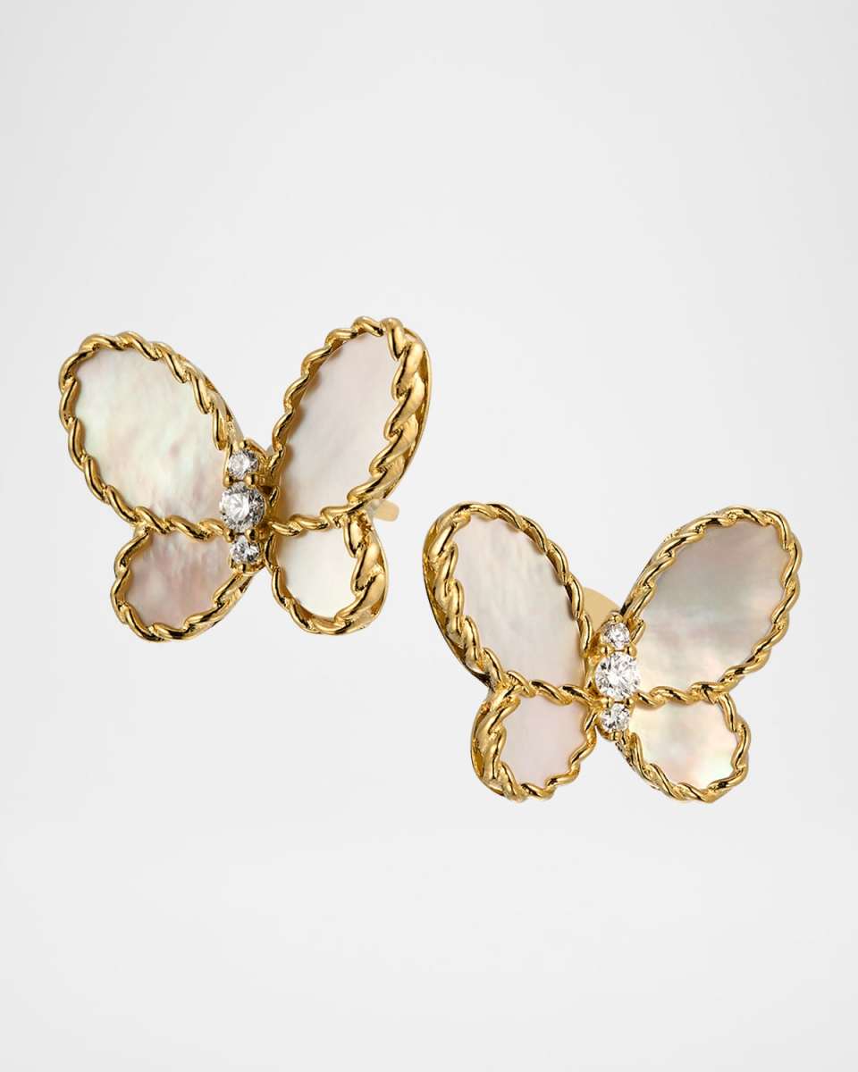 18K Yellow Gold Jasmine Diamond and MOP Butterfly Stud Earrings